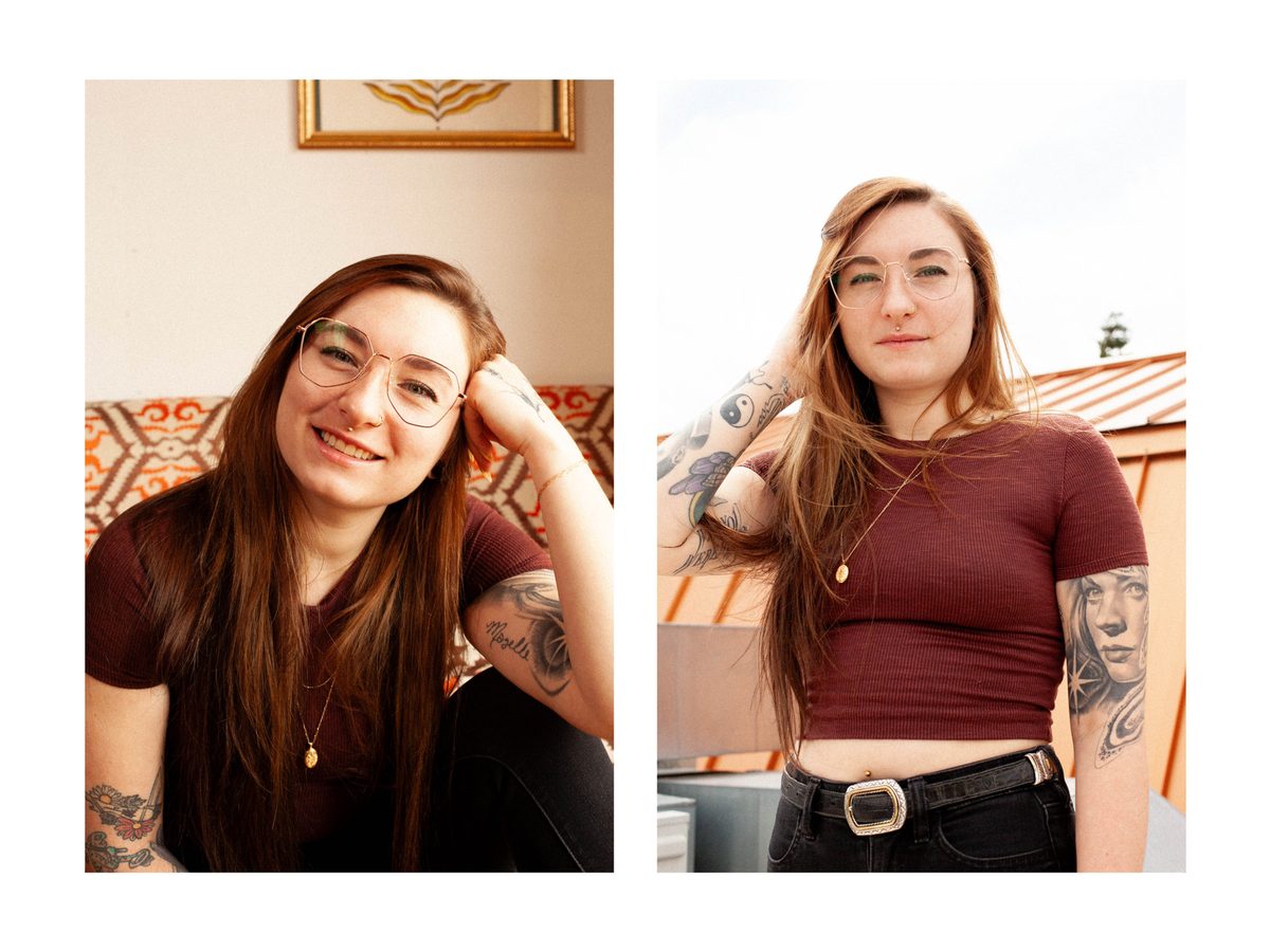 Spread 1 of 4 from Rarity: two portraits of a tattooed woman in a maroon top, one smiling, one standing; colour.