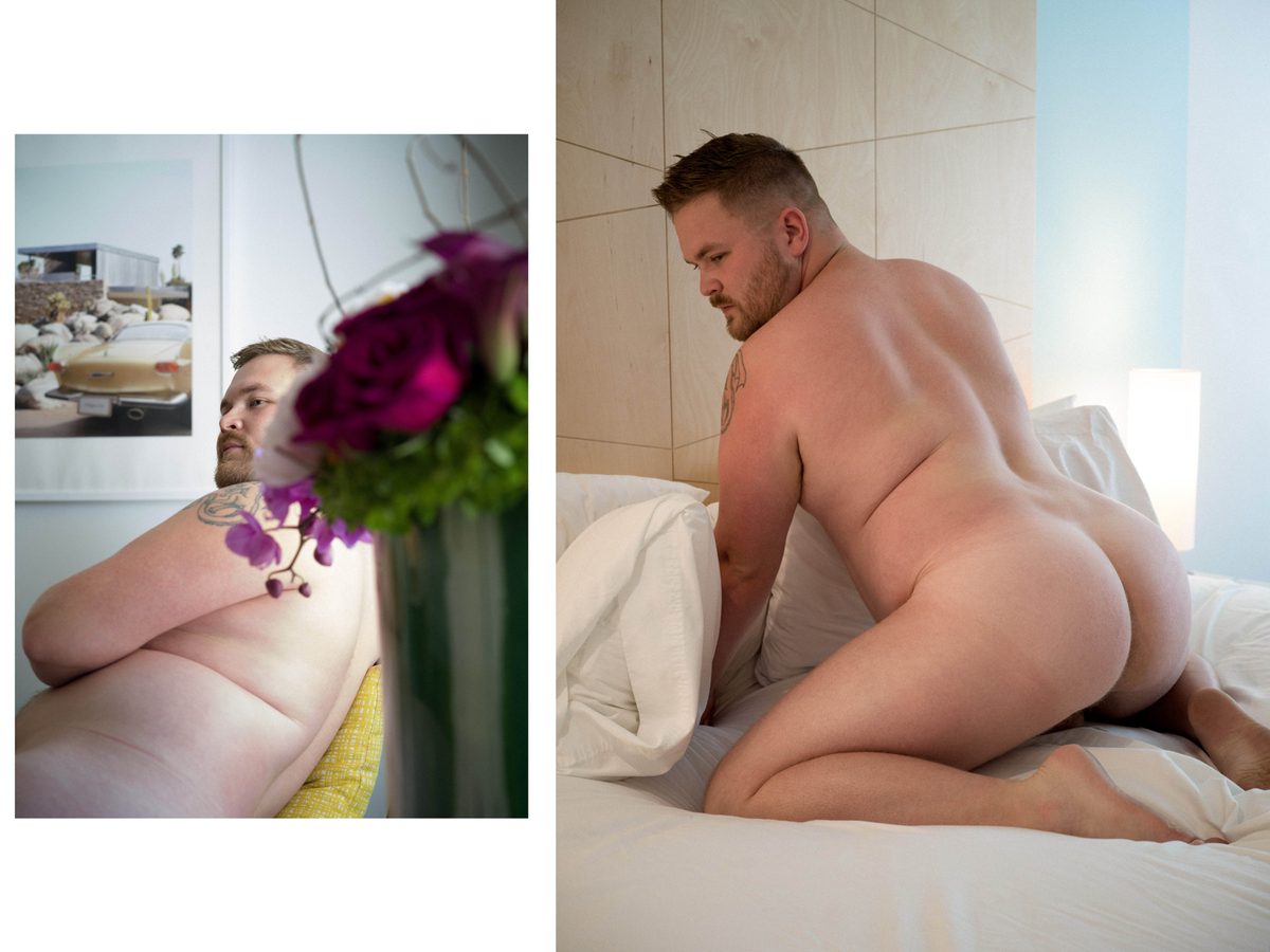 Spread 5 of 18 from Twin Palms: two photographs of a heavyset nude man, one seated beside flowers, one kneeling on a bed seen from behind; colour.