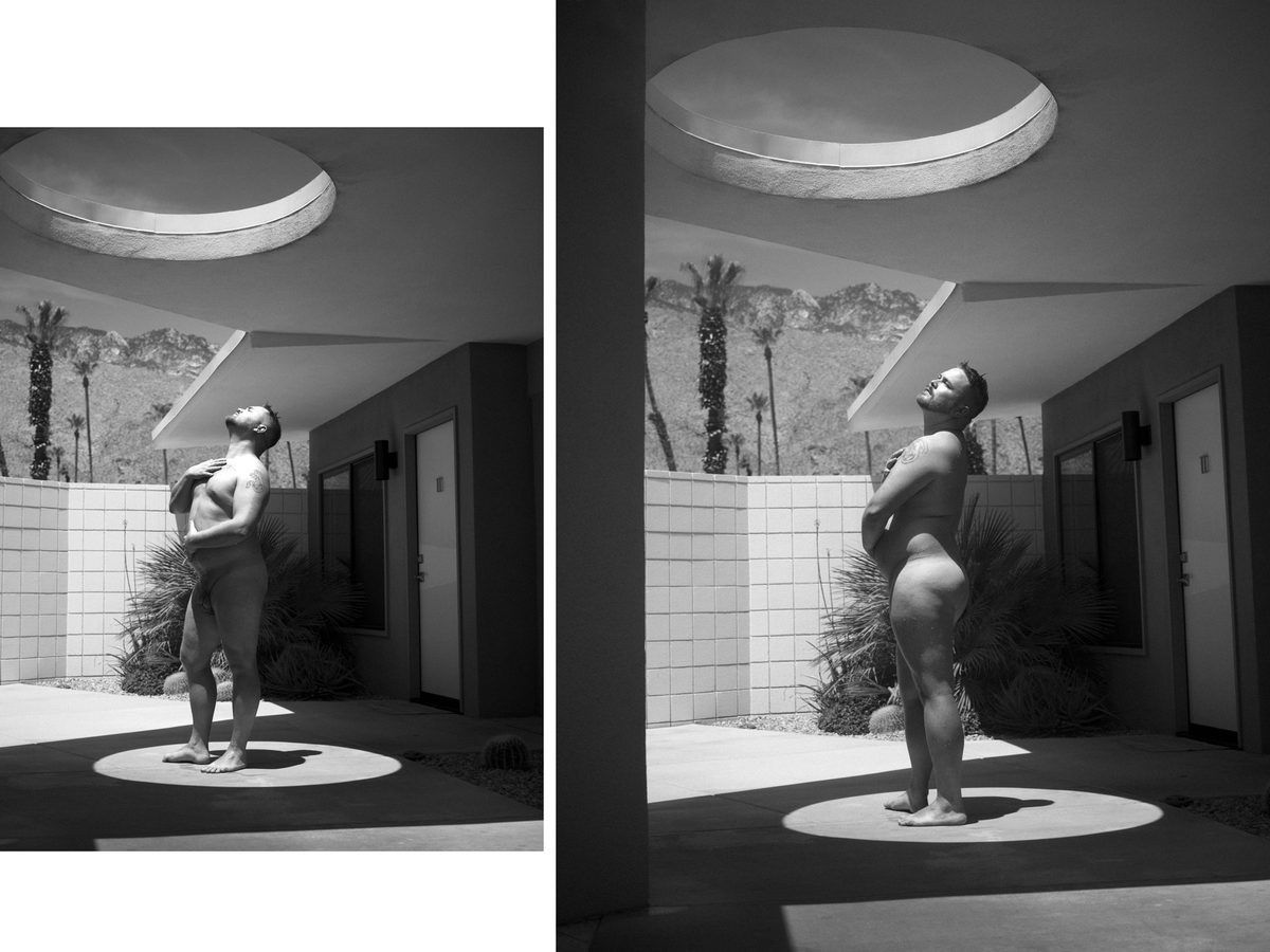 Spread 8 of 18 from Twin Palms: two photographs of a nude man standing under a round breezeway skylight, head tilted back; black and white.