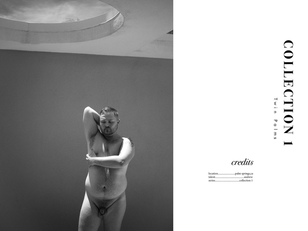 Spread 17 of 18 from Twin Palms: a nude man stands under a round skylight, arms crossed at his chest, beside the collection's title and credits; black and white.