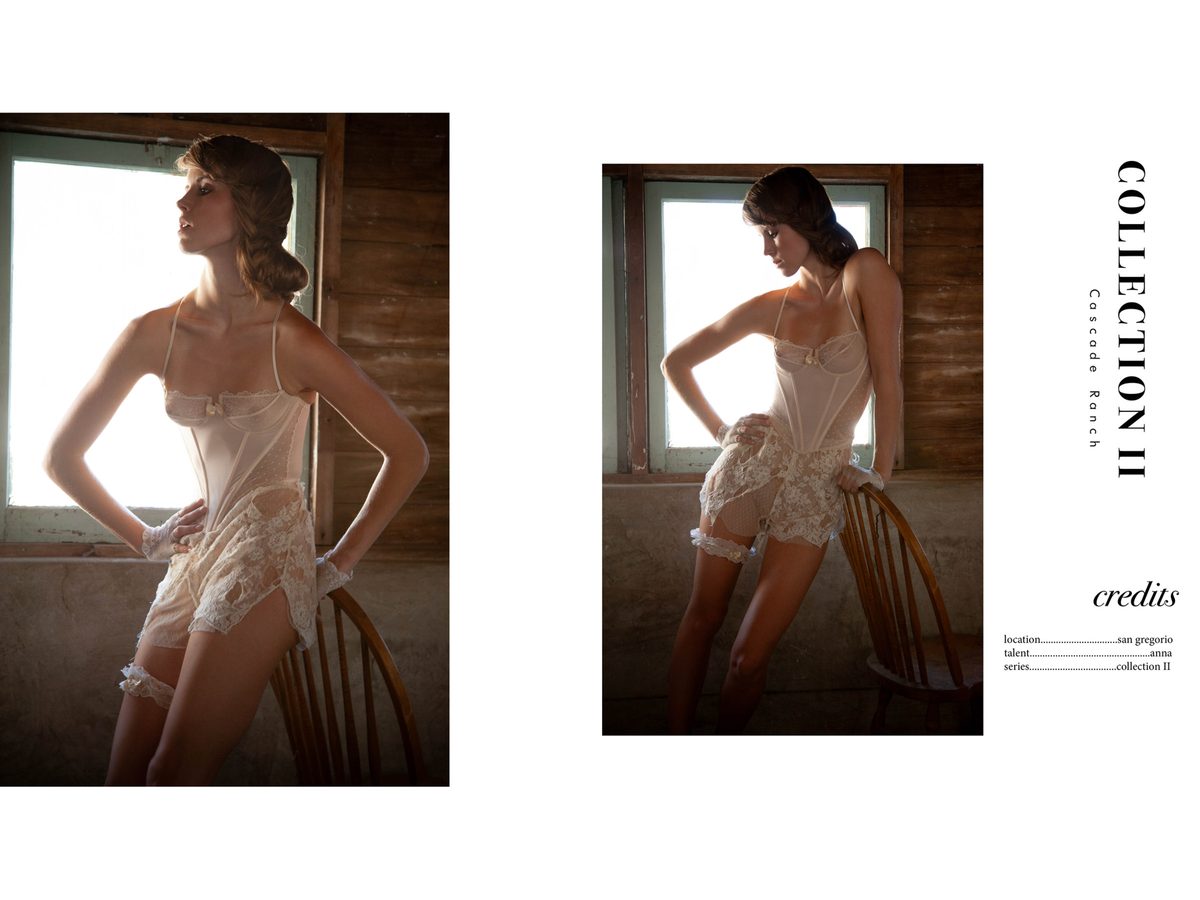 Spread 2 of 2 from Cascade Ranch: two photographs of a woman in a lace slip posing by a wooden chair and a barn window, beside the collection's title and credits; colour.
