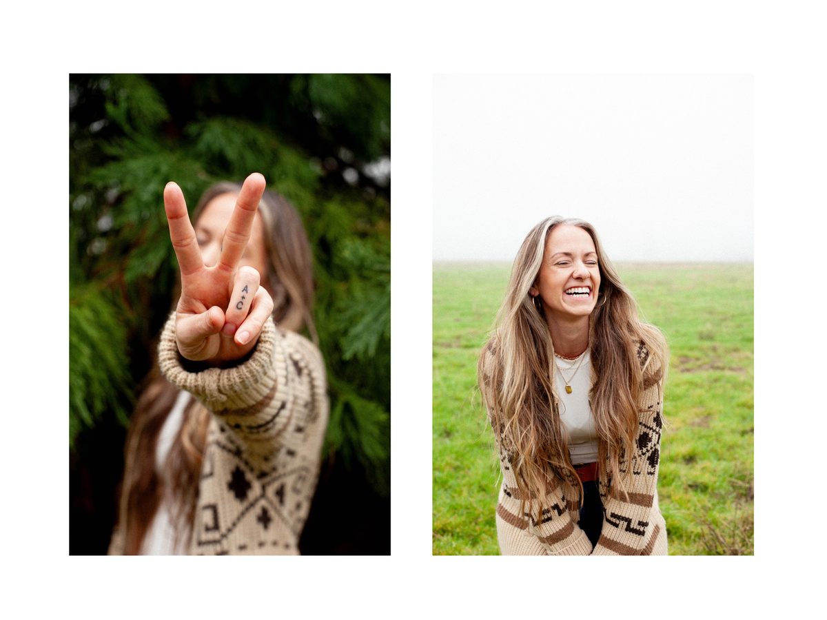Spread 2 of 3 from Talent, OR: two photographs of a woman in a cardigan outdoors, one making a peace sign, one laughing; colour.