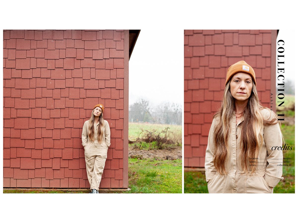 Spread 3 of 3 from Talent, OR: two photographs of a woman in a beanie and jumpsuit against a shingled wall, beside the collection's title and credits; colour.