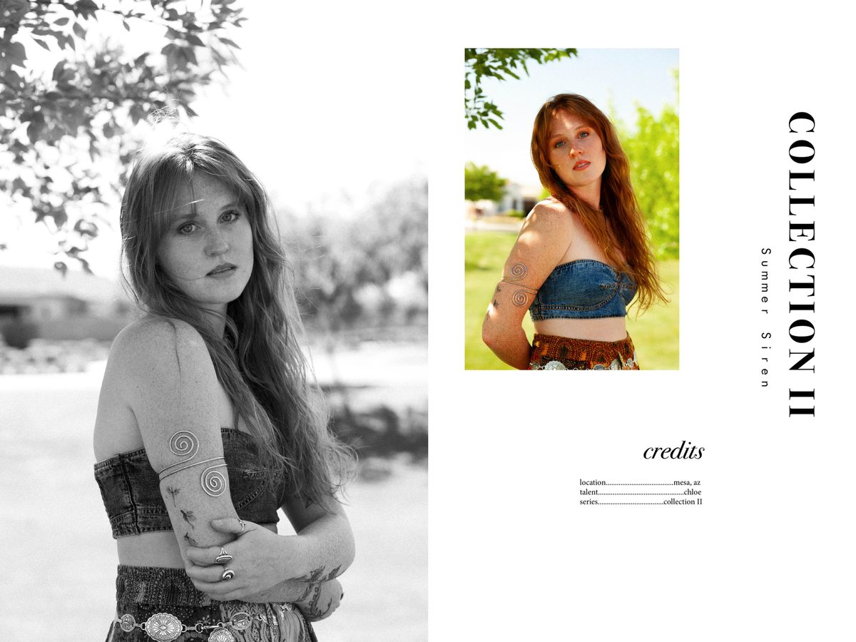 Spread 3 of 3 from Summer Siren: two photographs of a red-haired woman in a denim crop top outdoors, beside the collection's title and credits; black and white and colour.