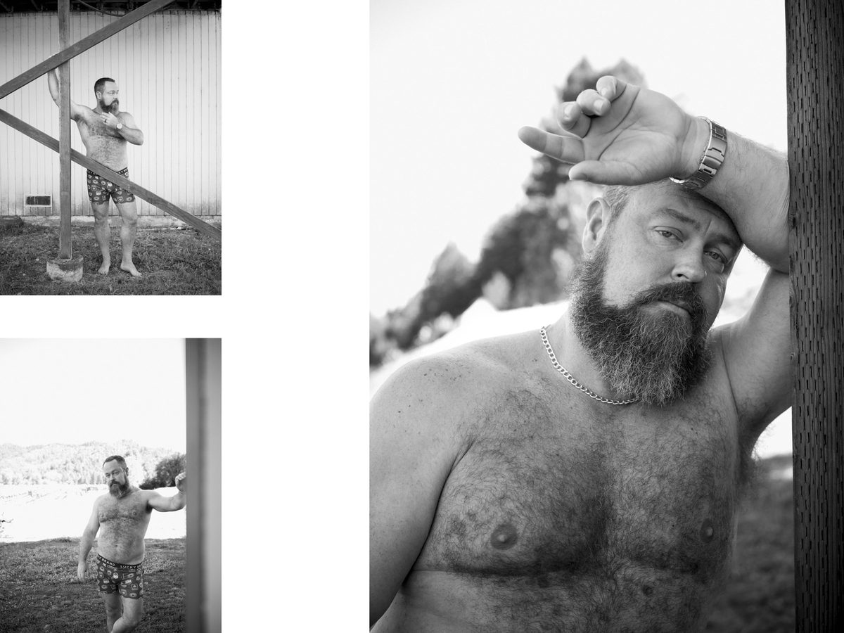 Spread 2 of 7 from Lazy Bear: two photographs of a bearded man in patterned swim trunks outdoors, plus a close portrait shading his eyes; black and white.