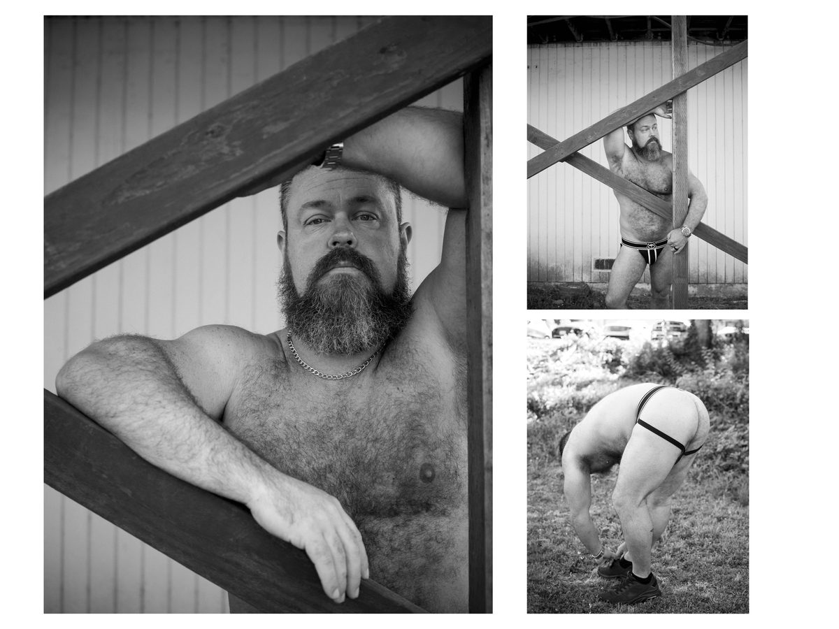 Spread 3 of 7 from Lazy Bear: three photographs of a bearded man bare-chested by a barn beam and bent forward outdoors in a jockstrap; black and white.