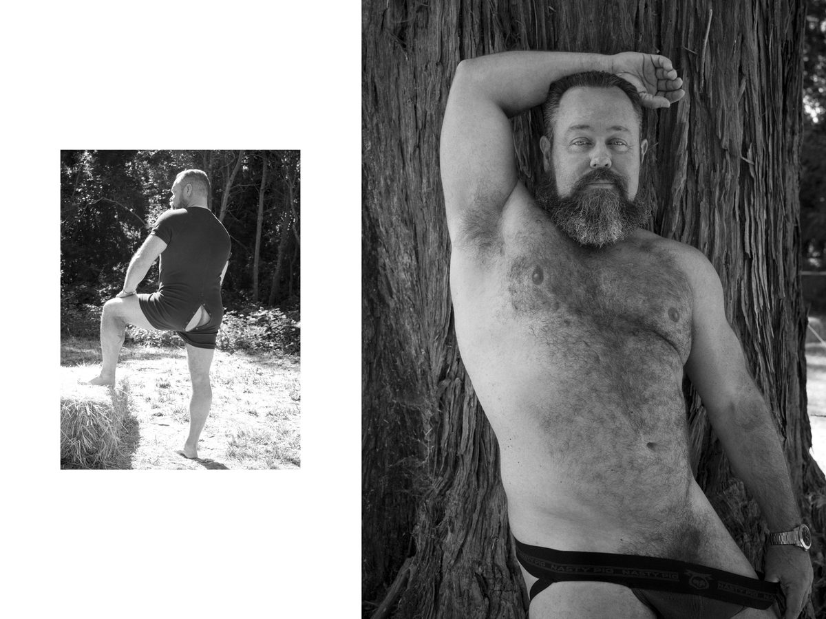 Spread 5 of 7 from Lazy Bear: two photographs of a bearded man, one seated on a hay bale, one shirtless against a tree in a jockstrap; black and white.