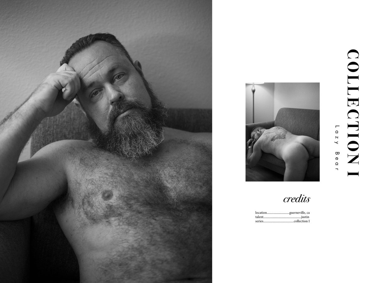 Spread 7 of 7 from Lazy Bear: a bearded man rests his head on his hand on a sofa, beside a small nude photograph and the collection's title and credits; black and white.
