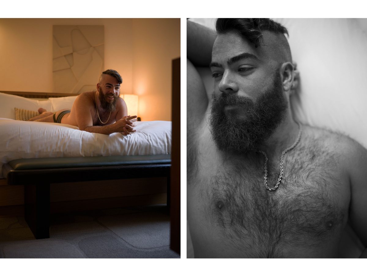Spread 4 of 7: two photographs of a bearded man on a bed, one smiling with a phone in hand, one a close portrait; colour and black and white.