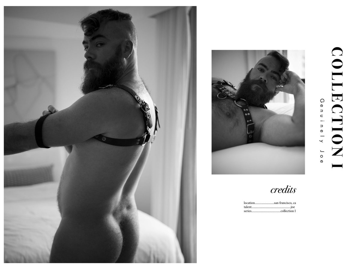 Spread 7 of 7: a nude bearded man in a leather harness stands on a bed, seen from behind, beside the collection's title and credits; black and white.