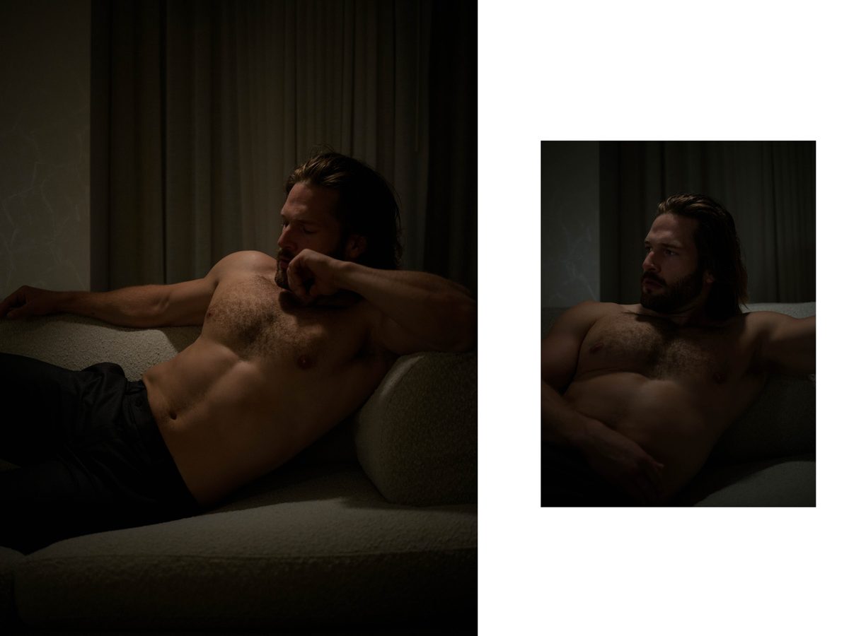 Spread 3 of 15 from An American Pyscho: two photographs of a bearded man reclining shirtless on a sofa, eyes closed; colour, low light.
