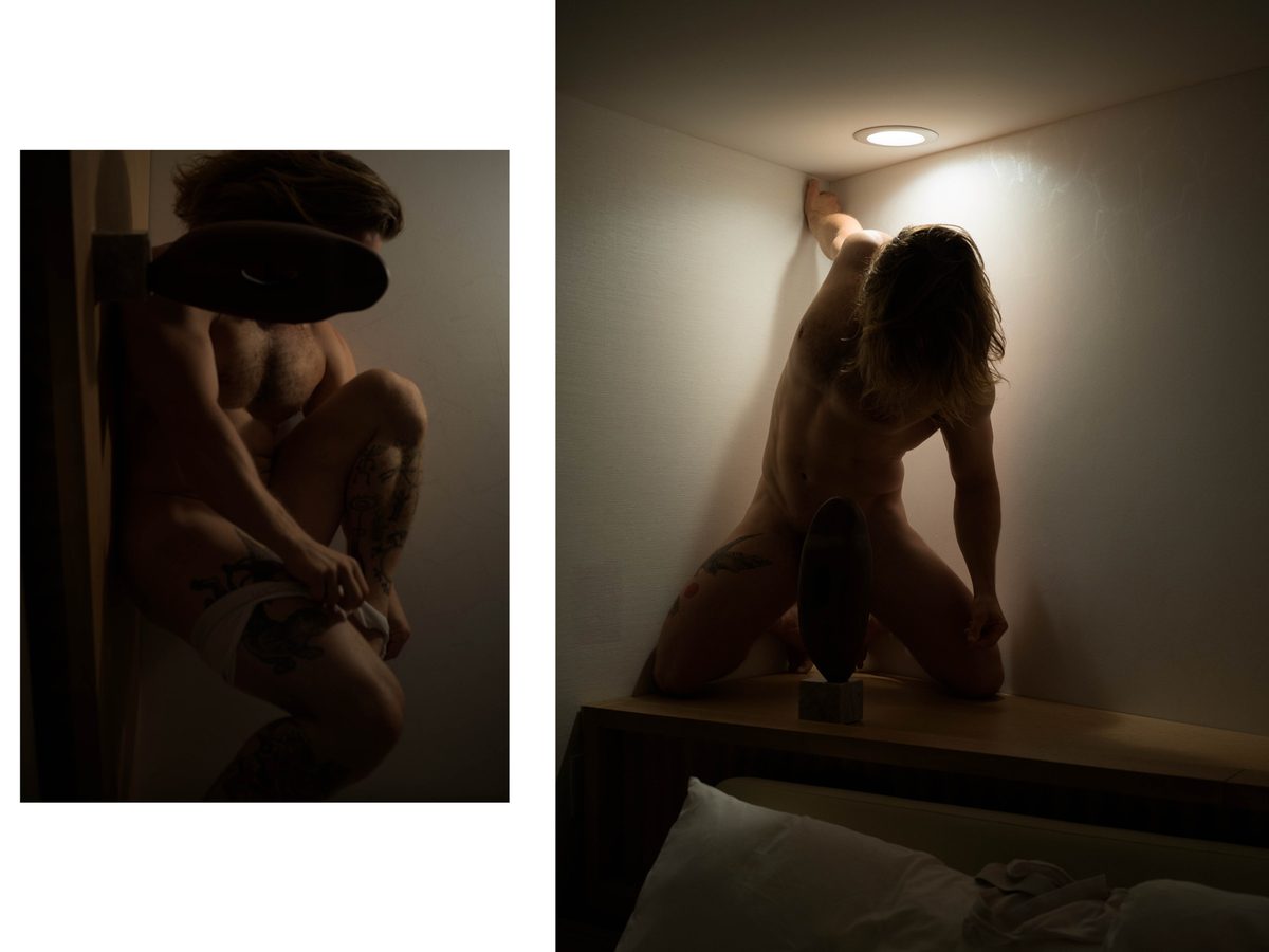 Spread 9 of 15 from An American Pyscho: two dim photographs of a blindfolded, tattooed man crouched against a wall, and kneeling nude in a corner; colour, low light.