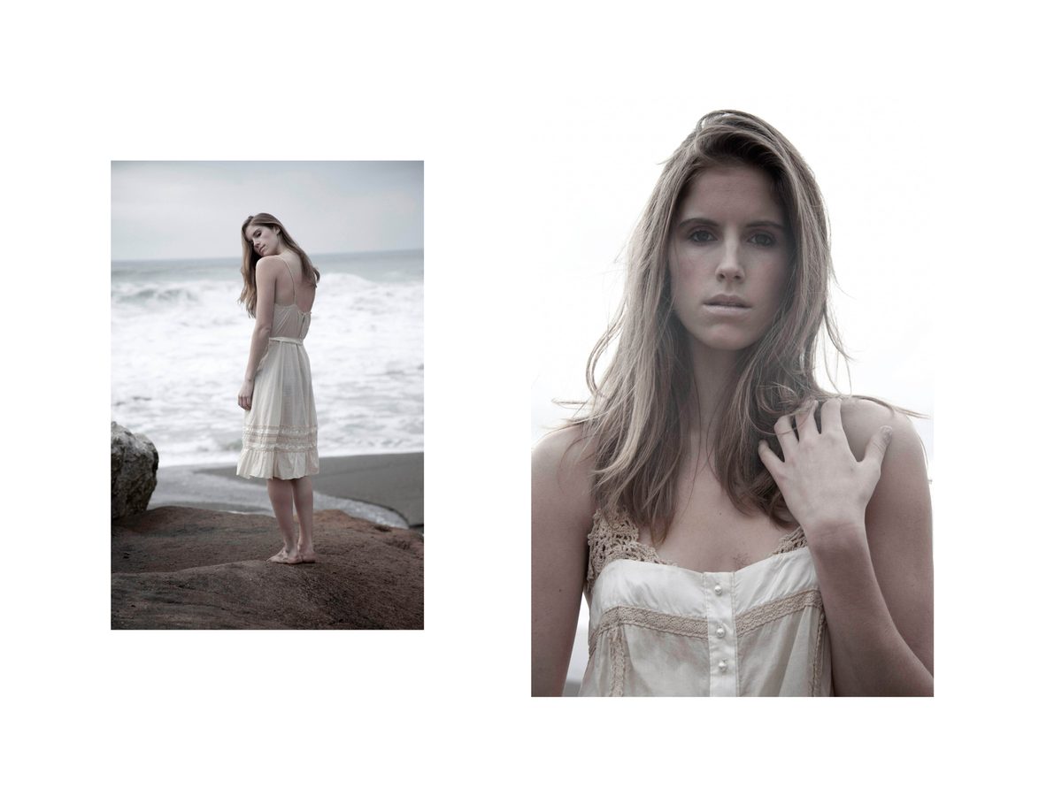 Spread 2 of 3 from Pacifica Romantica: two photographs of a woman in a pale dress by the surf and a close portrait with her hand at her shoulder; colour.