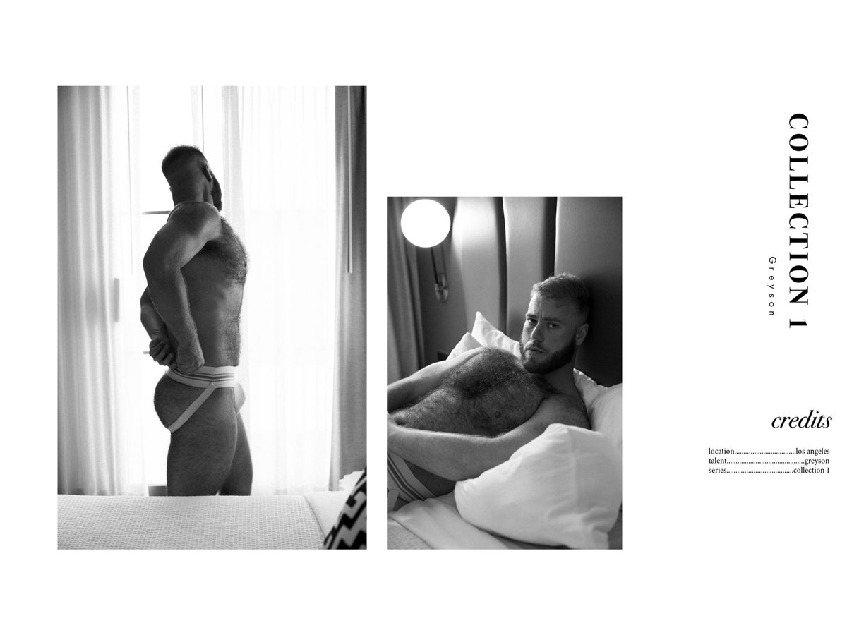 Spread 4 of 4 from A Quiet Confidence: two photographs of a man in briefs at a window and reclining on a bed, beside the collection's title and credits; black and white.