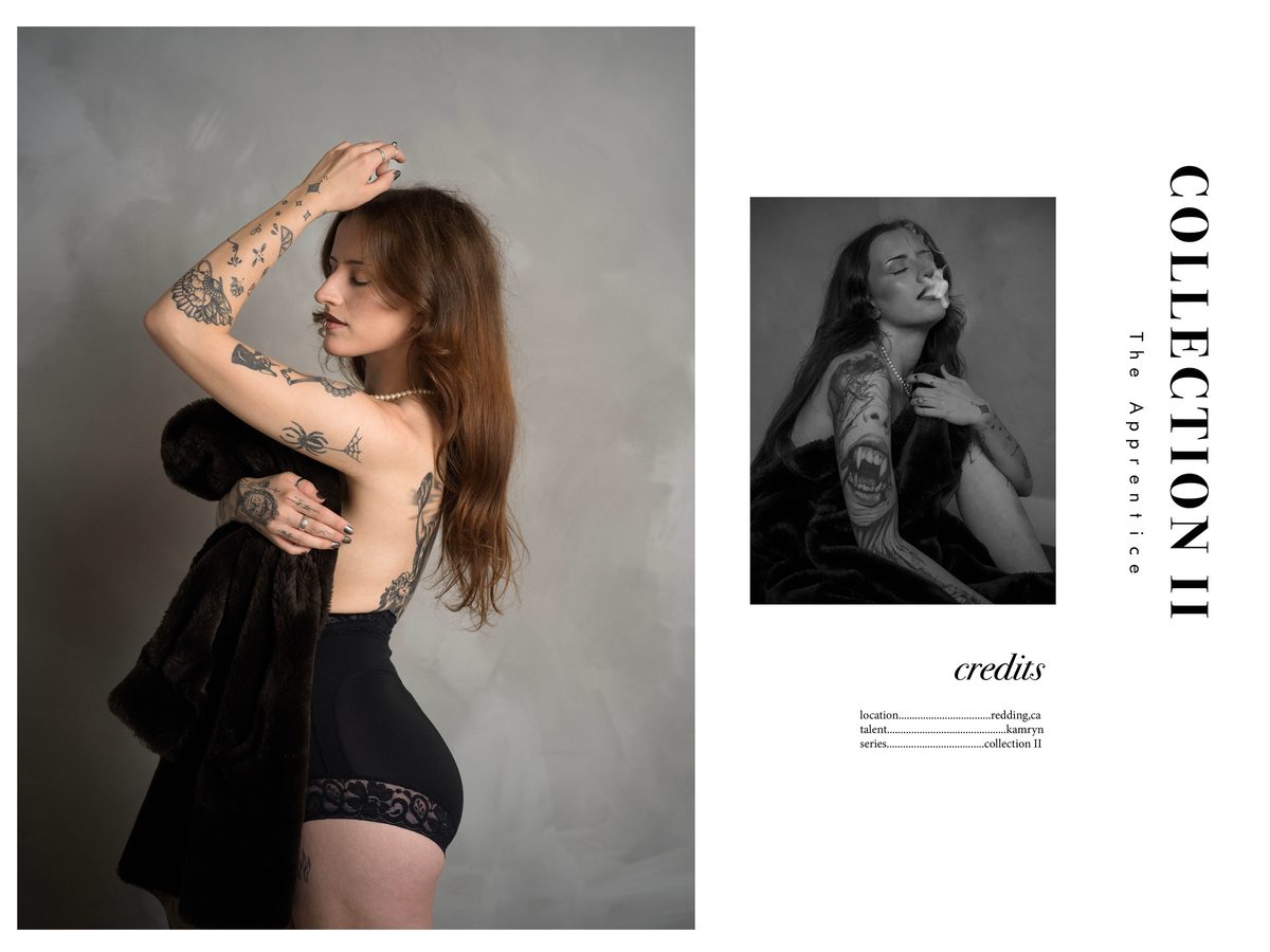 Spread 5 of 7 from The Apprentice: two photographs of a tattooed woman in black briefs and a fur wrap, one with eyes closed, beside the collection's title and credits; colour and black and white.
