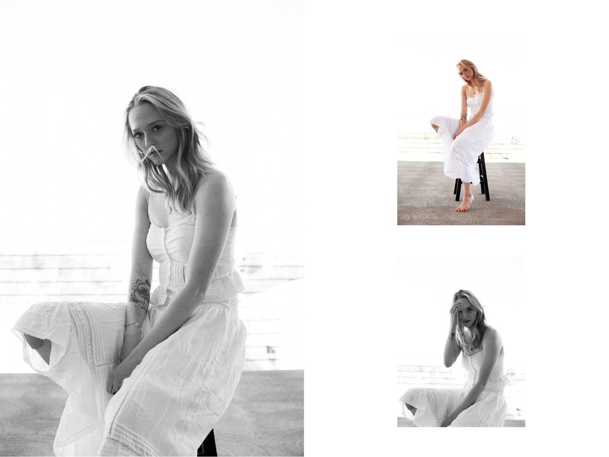 Spread 1 of 3 from Redding: three photographs of a woman in a white dress seated outdoors, one wide, two close portraits; black and white.