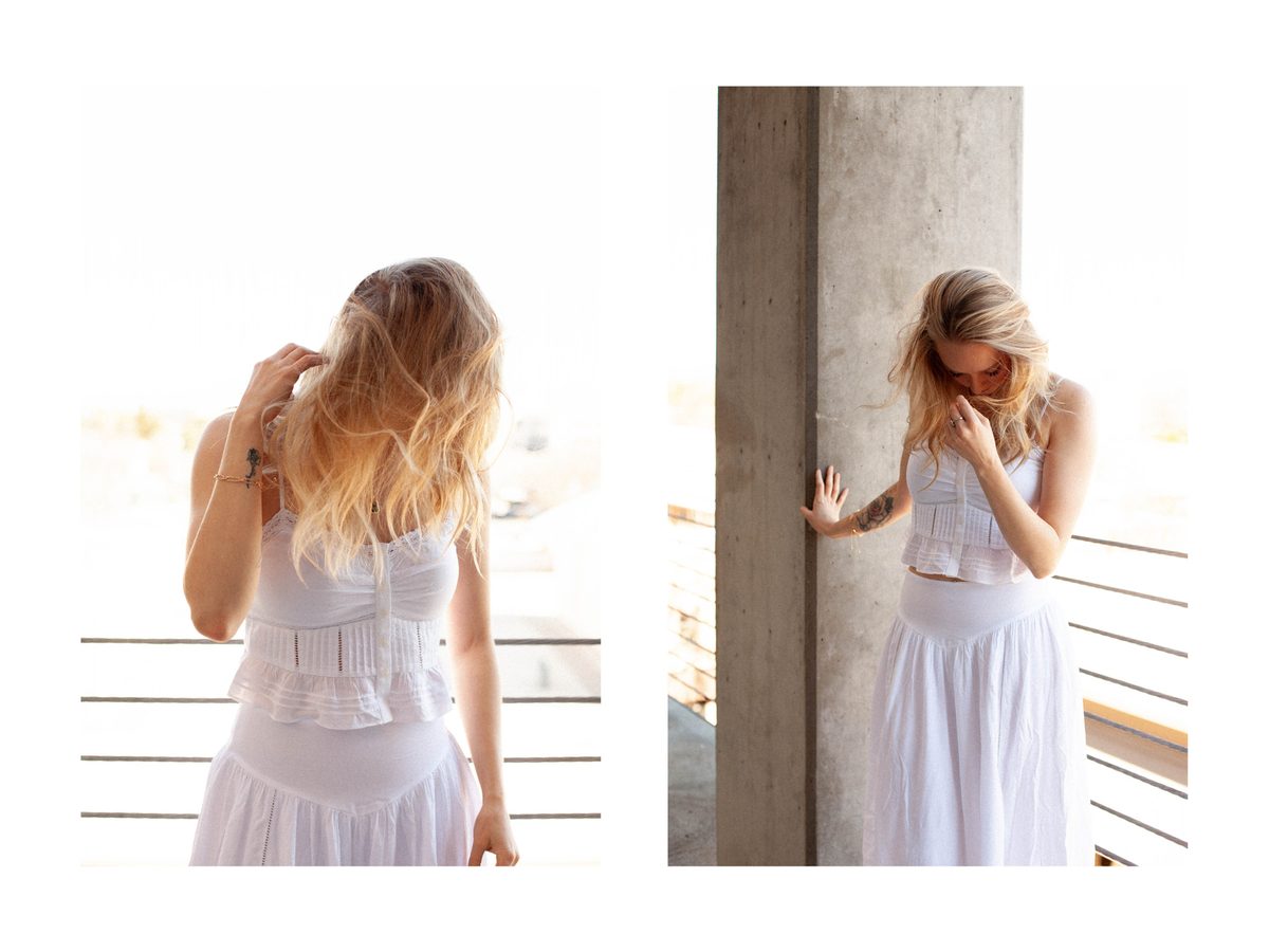 Spread 2 of 3 from Redding: two photographs of a woman in a white outfit outdoors, one with wind-blown hair, one leaning against concrete; colour.
