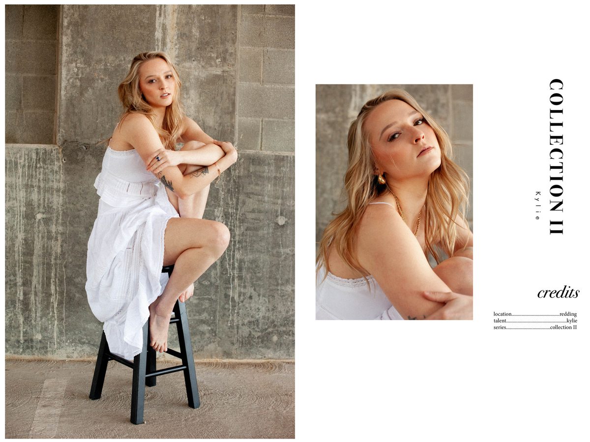 Spread 3 of 3 from Redding: a woman in a white dress sits on a stool against a concrete wall, beside the collection's title and credits; colour.