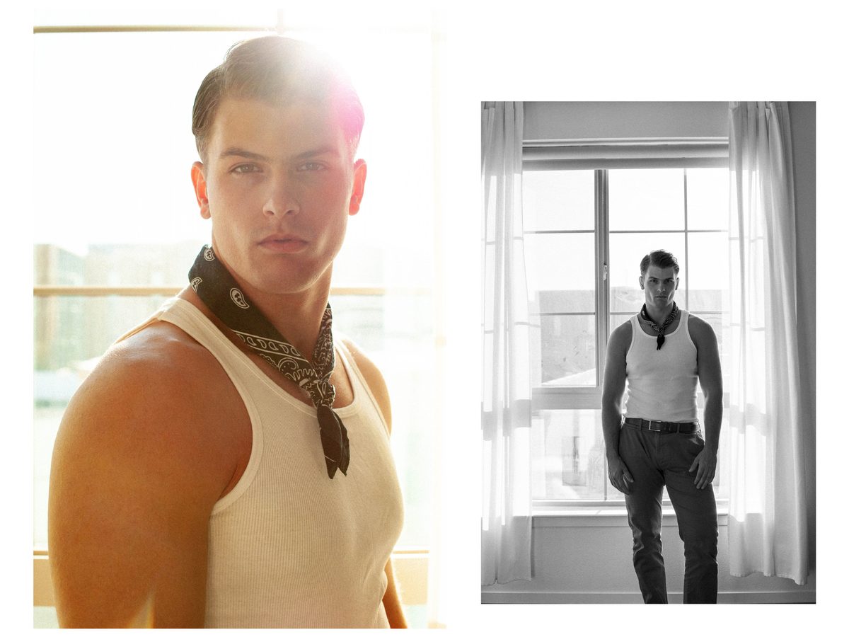 Spread 2 of 8 from The Maintenance Man: two photographs of a young man in a tank top and bandana, one close, one standing at a window; colour and black and white.