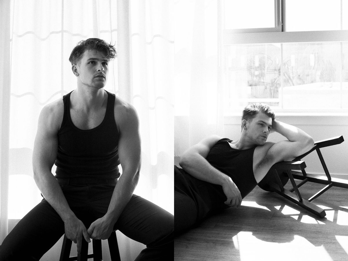 Spread 6 of 8 from The Maintenance Man: two photographs of a young man in a tank top, seated on a stool and reclining in a chair; black and white.