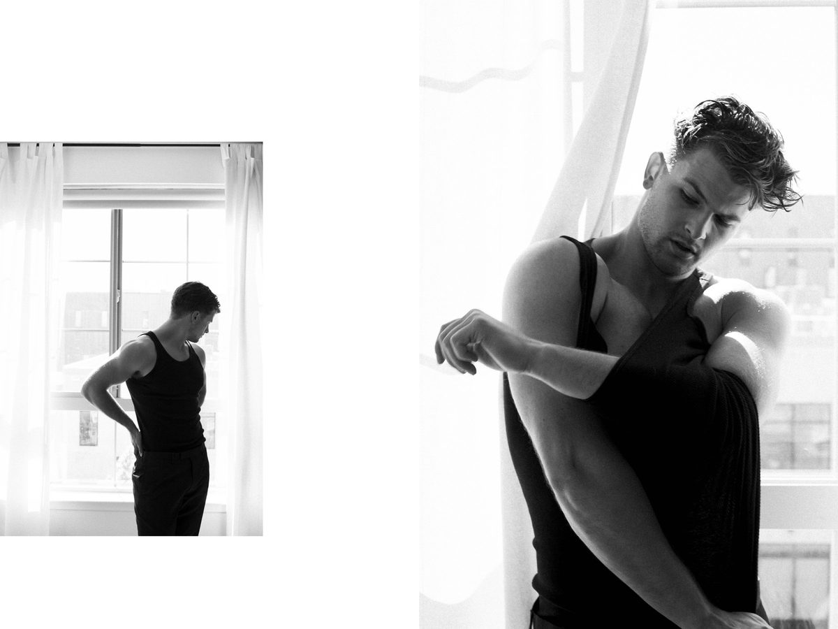 Spread 7 of 8 from The Maintenance Man: two photographs of a young man in a tank top at a window, standing and leaning with arms crossed; black and white.
