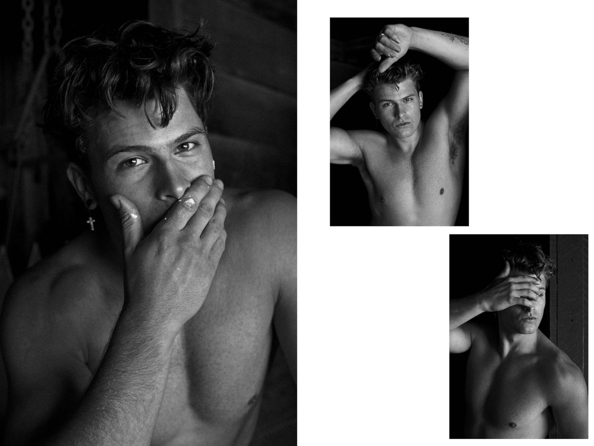 Spread 2 of 12 from On The Road: three photographs of a shirtless young man, one covering his mouth with his hand, two candid outdoor portraits; black and white.