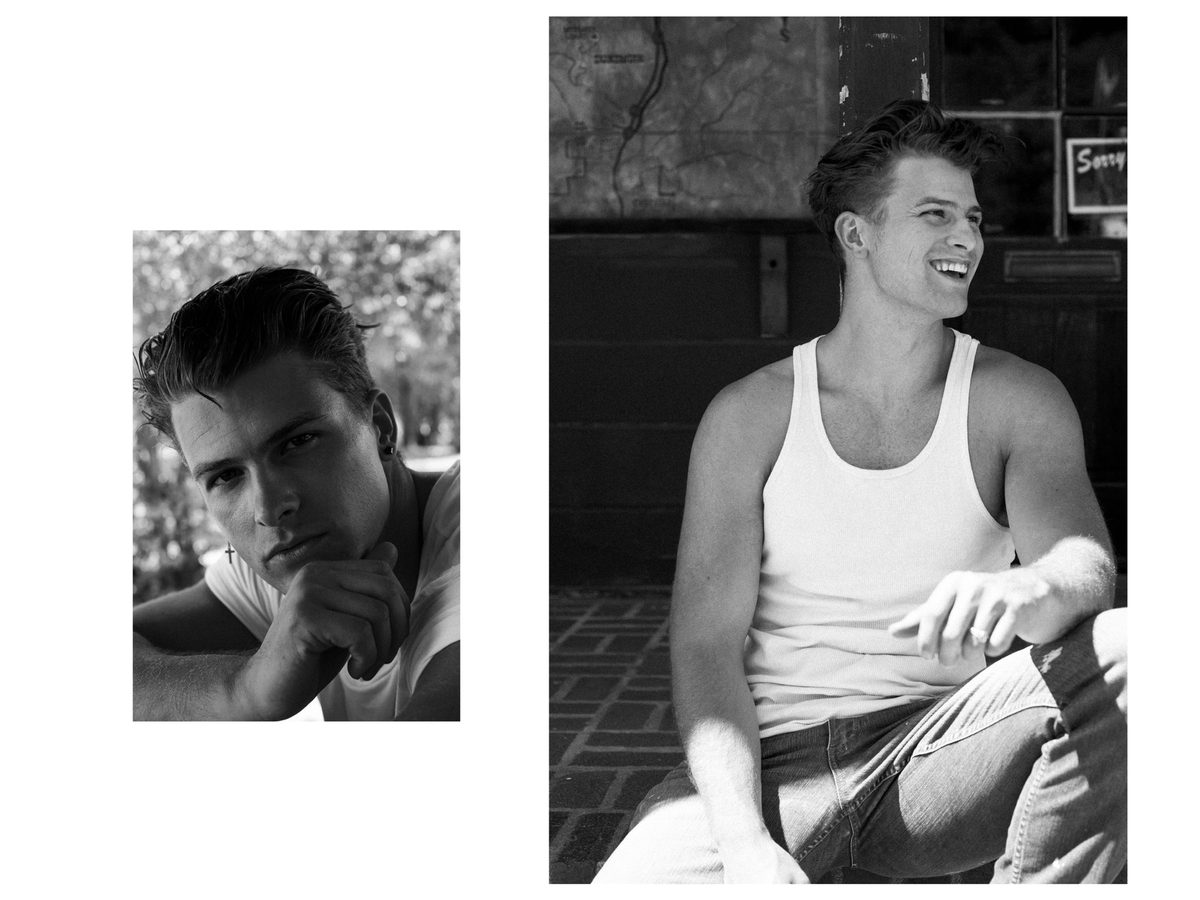 Spread 3 of 12 from On The Road: two photographs of a young man in a tank top, a close portrait and one laughing while seated indoors; black and white.