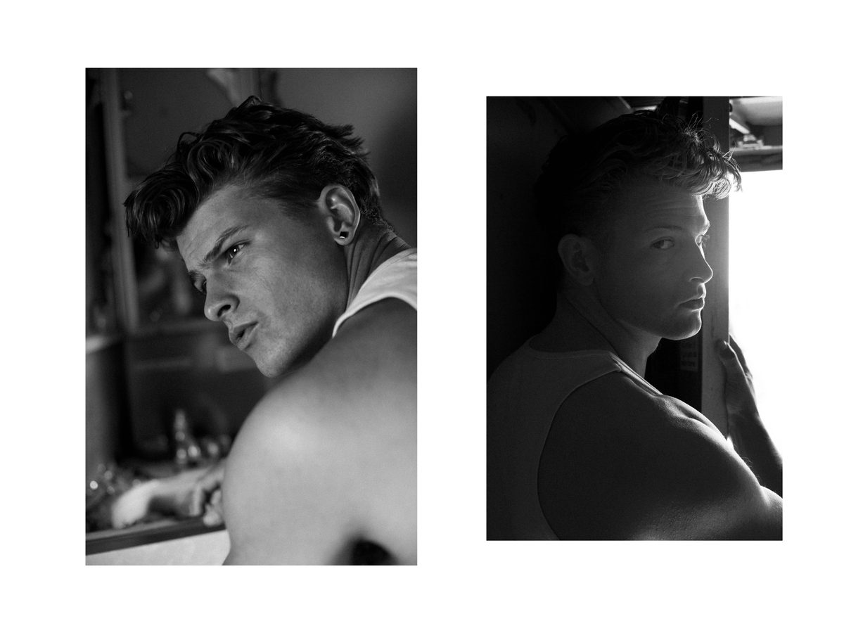 Spread 6 of 12 from On The Road: two close photographs of a young man in a tank top, one looking over his shoulder, one in profile; black and white.