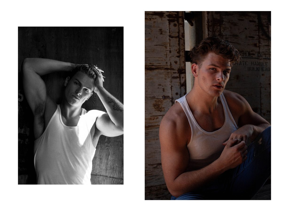 Spread 7 of 12 from On The Road: two photographs of a young man in a tank top, one hand in his hair, one seated against a weathered wall; black and white.