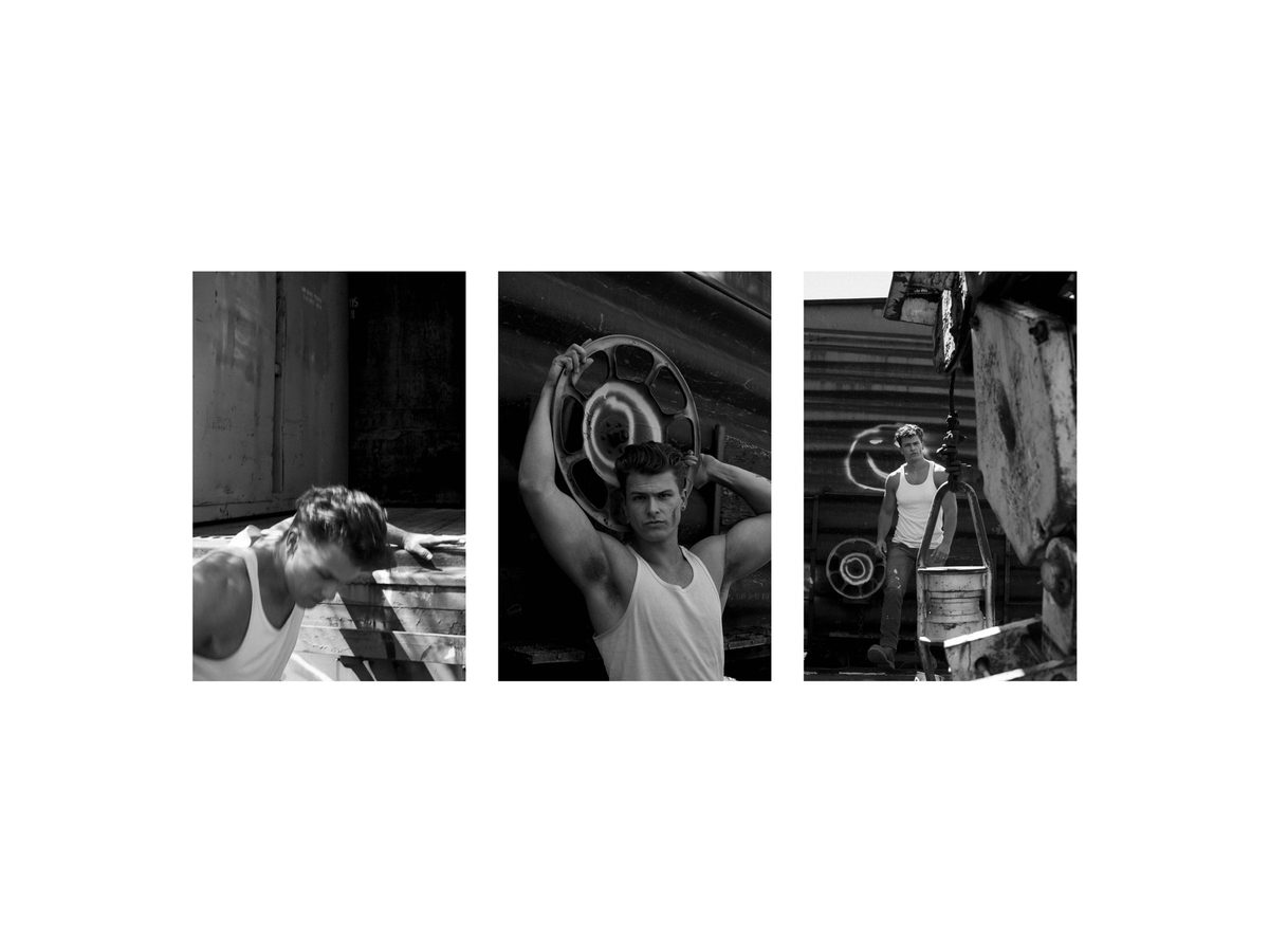 Spread 8 of 12 from On The Road: three photographs of a young man in a tank top outdoors among industrial equipment and crates; black and white.