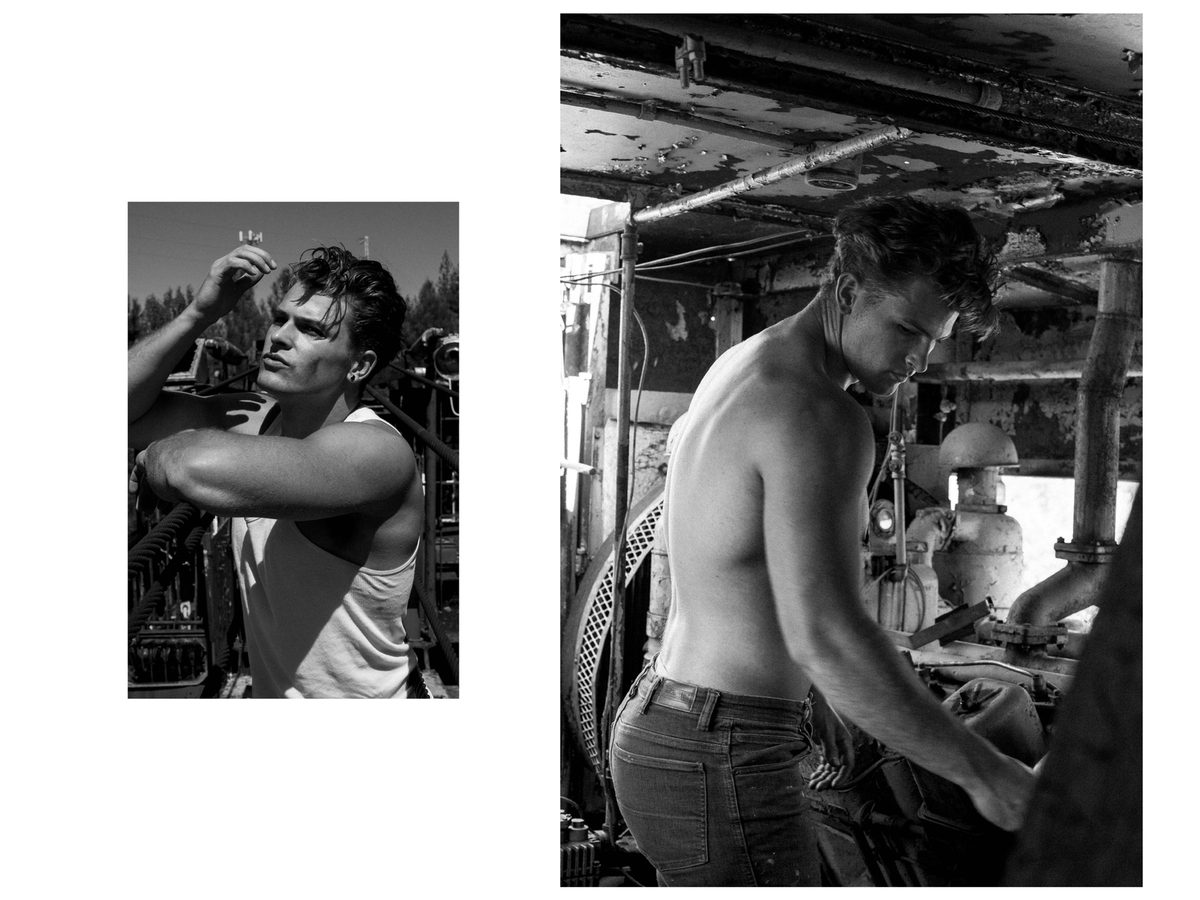 Spread 10 of 12 from On The Road: two photographs of a young man, one adjusting his hair in a tank top, one shirtless working indoors; black and white.