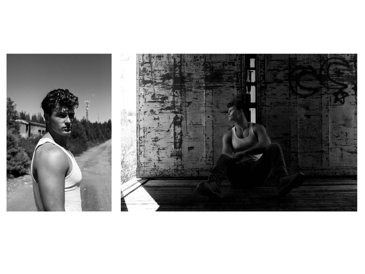 Spread 11 of 12 from On The Road: two photographs of a young man in a tank top, standing by a road and seated against a graffitied wall; black and white.