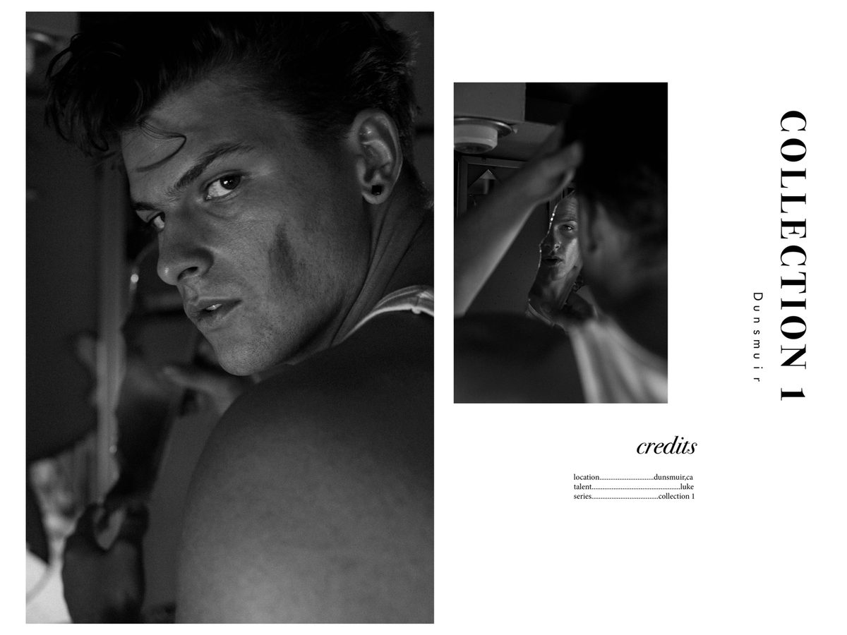 Spread 12 of 12 from On The Road: two close portraits of a young man with a smudge on his cheek, beside the collection's title and credits; black and white.