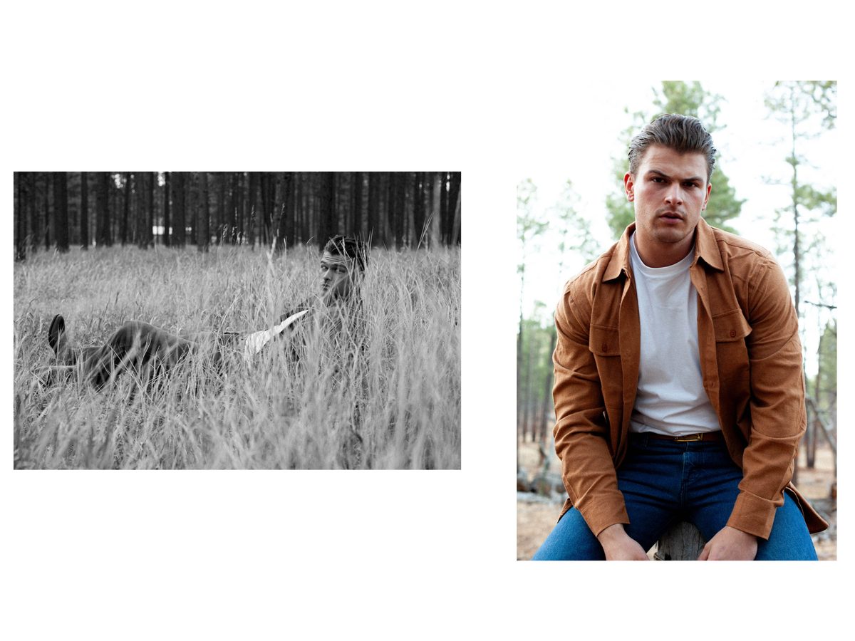 Spread 2 of 6 from The Woodsman: two photographs of a young man, crouched in tall grass and seated outdoors in a jacket; black and white and colour.