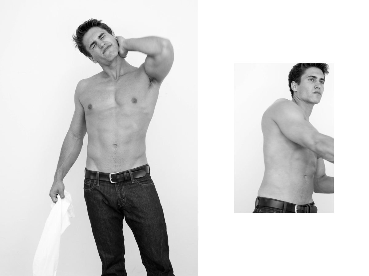 Spread 5 of 8 from Mayers Mark: two photographs of a bare-chested young man in jeans, one holding a shirt, one turned to the side; black and white.