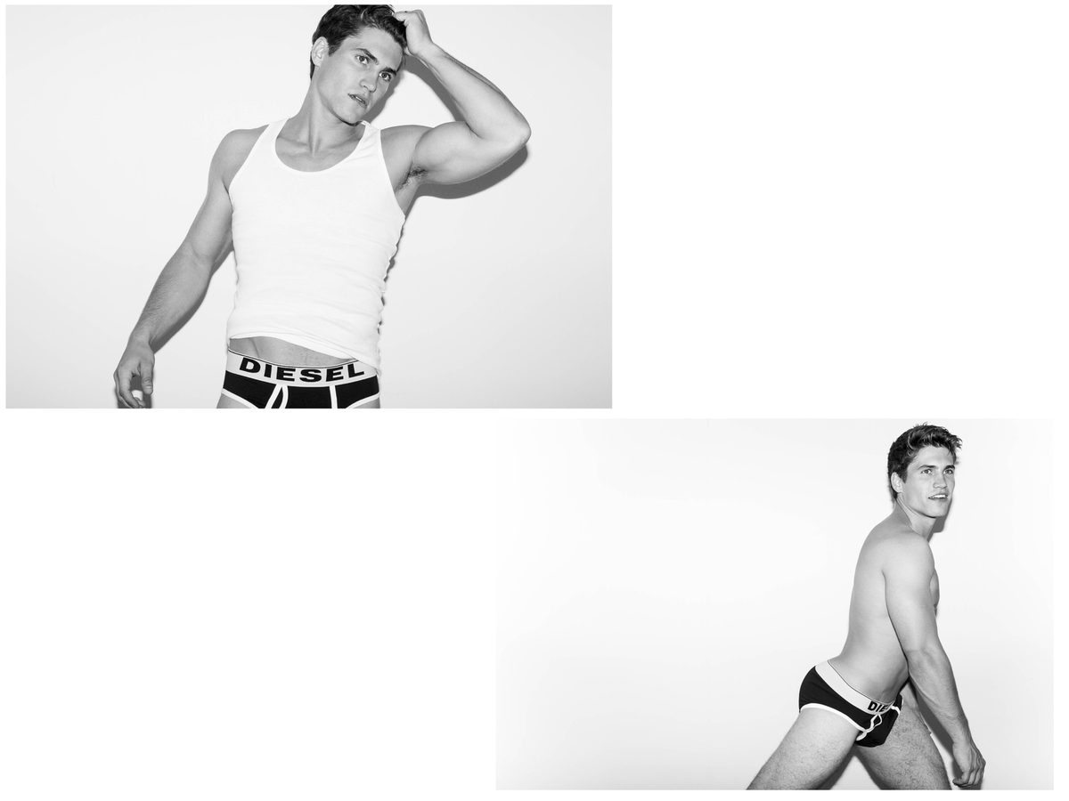 Spread 6 of 8 from Mayers Mark: two photographs of a young man in briefs, one in a tank top with hand in his hair, one walking; black and white.