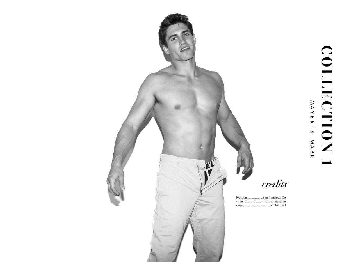 Spread 8 of 8 from Mayers Mark: a bare-chested young man in light trousers walks forward, beside the collection's title and credits; black and white.