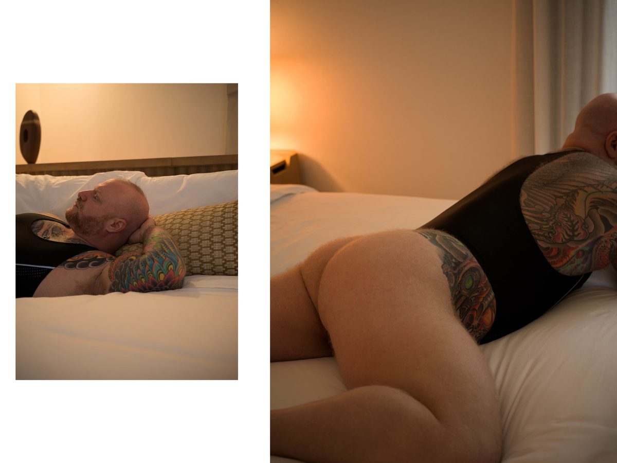 Spread 7 of 8 from Beef, Brawn and Bare: two photographs of a heavily tattooed, bald man in a bodysuit, reclining on a bed; colour, warm light.