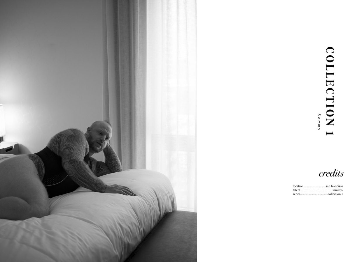 Spread 8 of 8 from Beef, Brawn and Bare: a heavily tattooed, bald man in a bodysuit kneels on a bed by a window, beside the collection's title and credits; black and white.