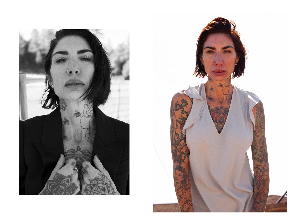Spread 3 of 6 from Force of Nature: two photographs of a tattooed woman, a close portrait with hands at her chest and one in a white top outdoors; black and white and colour.