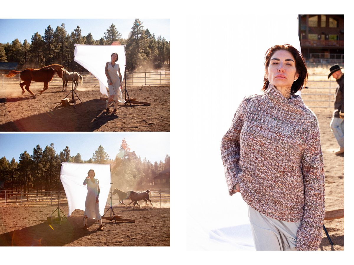Spread 4 of 6 from Force of Nature: three photographs of a tattooed woman outdoors near horses and a lighting setup, one in a sweater; colour.