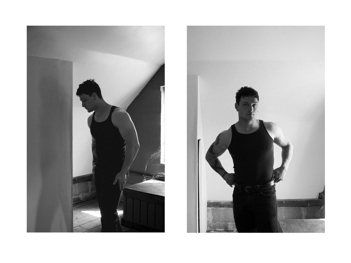 Spread 2 of 6 from Ashland: two photographs of a man in a tank top, standing in an attic doorway and with hands on his hips; black and white.