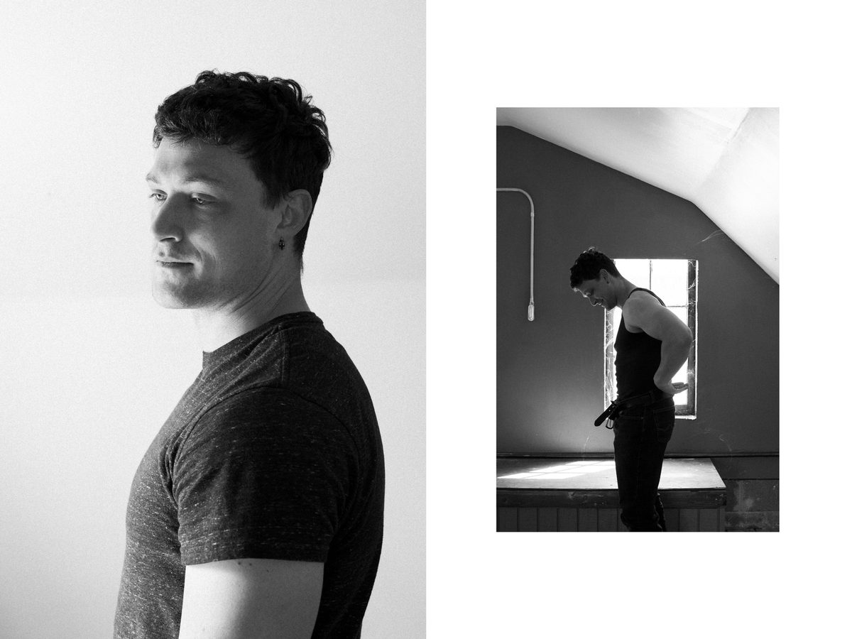 Spread 3 of 6 from Ashland: two photographs of a man, a profile portrait in a t-shirt and one in a tank top in an attic window; black and white.