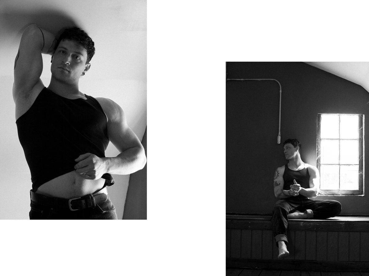 Spread 4 of 6 from Ashland: two photographs of a man in a tank top, one arm raised overhead and one seated by an attic window; black and white.