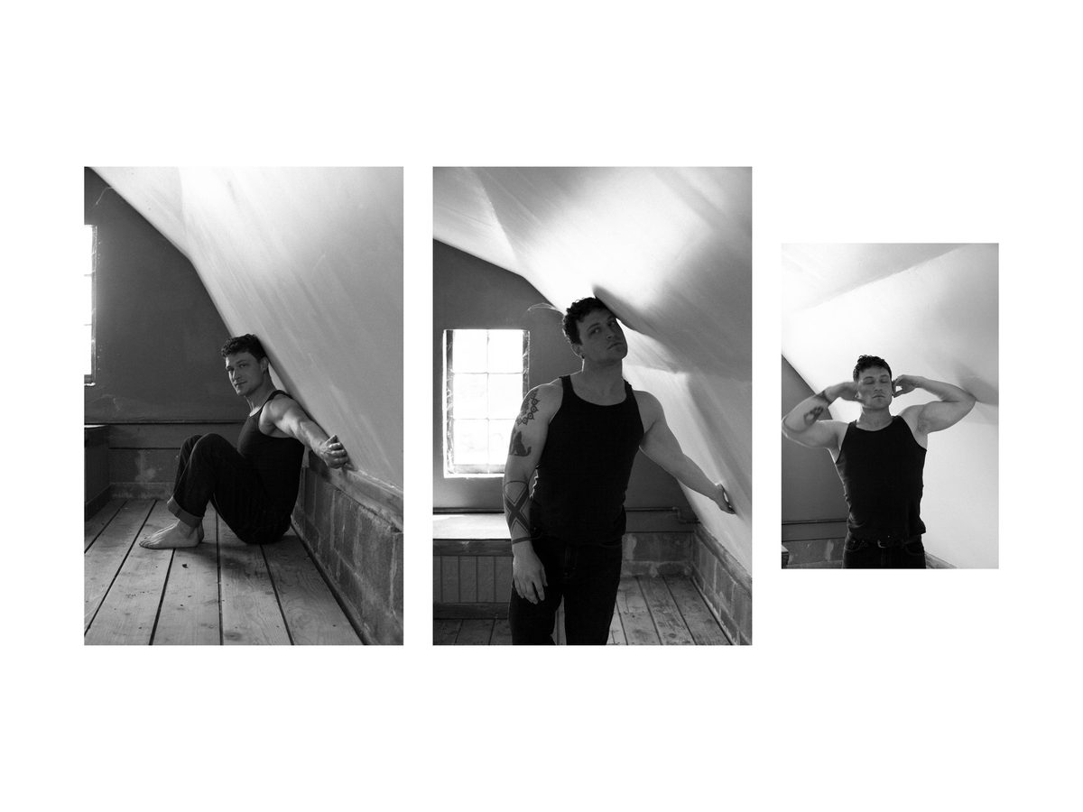 Spread 5 of 6 from Ashland: three photographs of a man in a tank top under a draped white fabric in an attic; black and white.