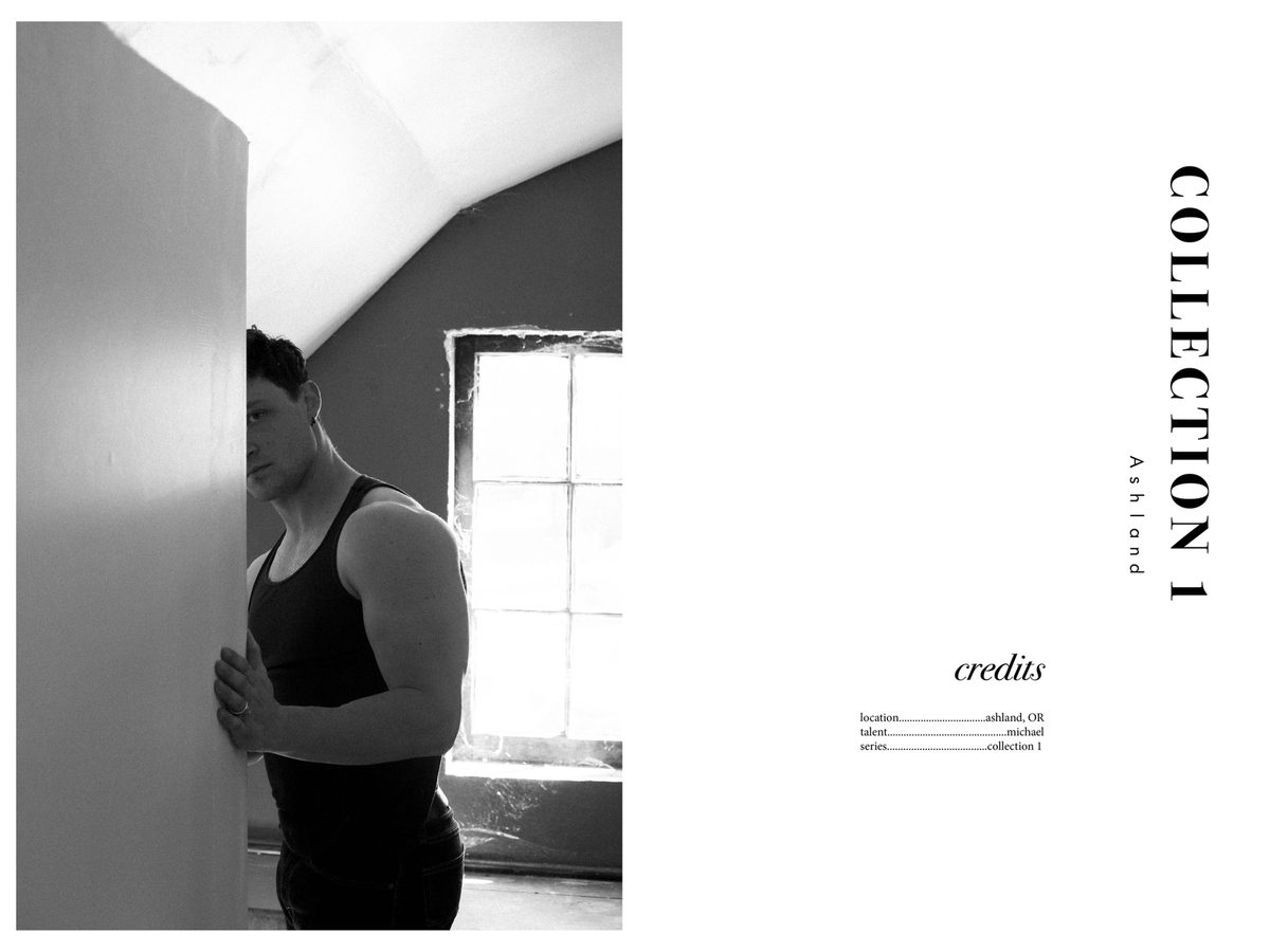 Spread 6 of 6 from Ashland: a man in a tank top leans against a wall by an attic window, beside the collection's title and credits; black and white.