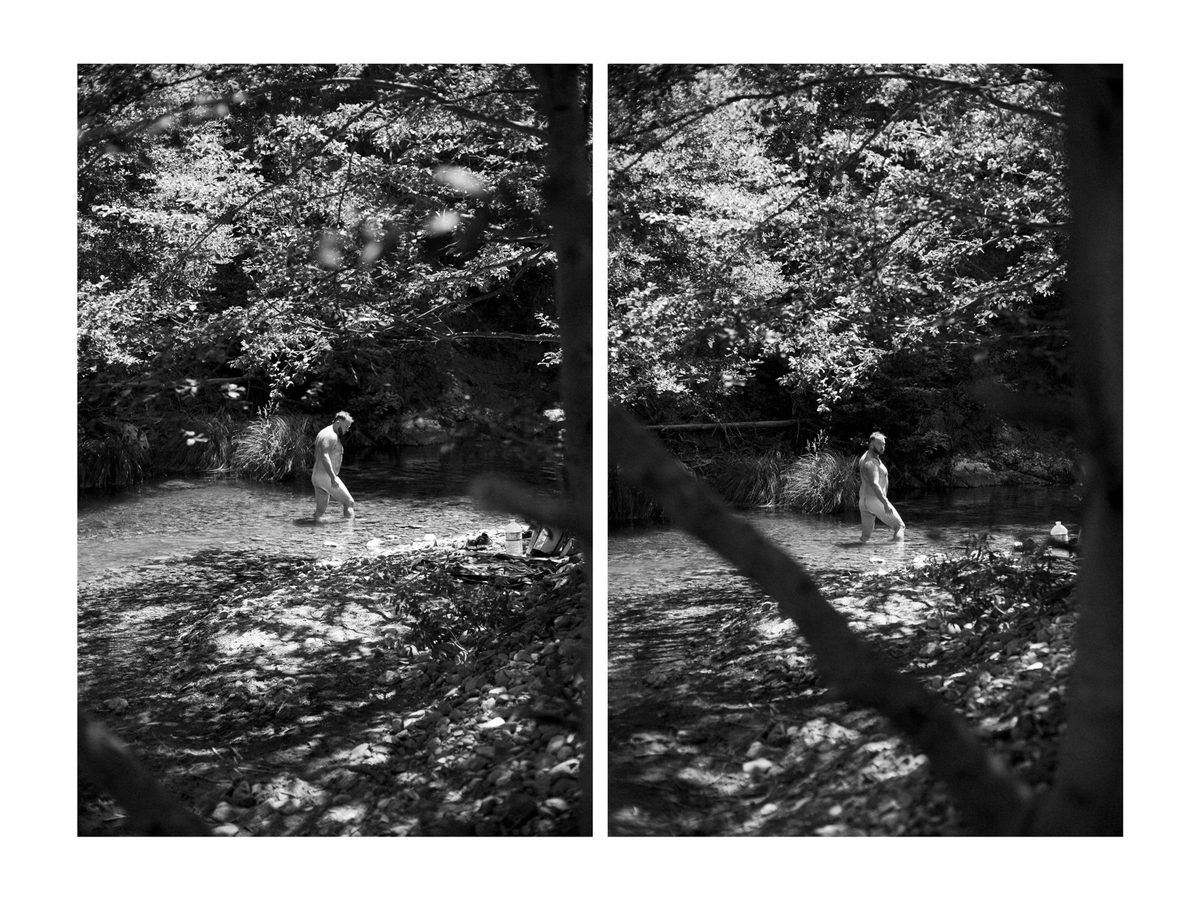 Spread 2 of 7 from Natures Cure: two photographs of a nude man wading through a wooded stream among fallen leaves; black and white.