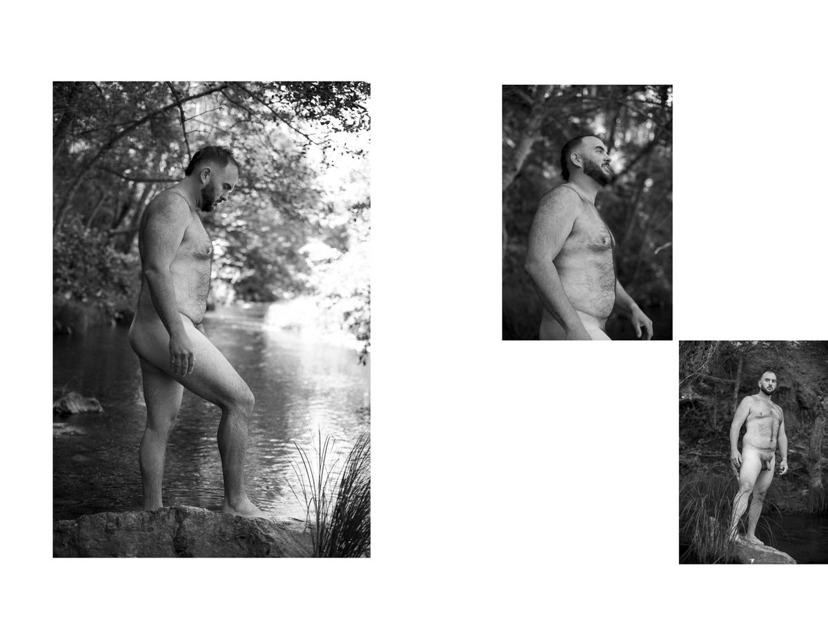Spread 4 of 7 from Natures Cure: three photographs of a bearded nude man in the woods, in profile, upper body, and standing on a rock; black and white.