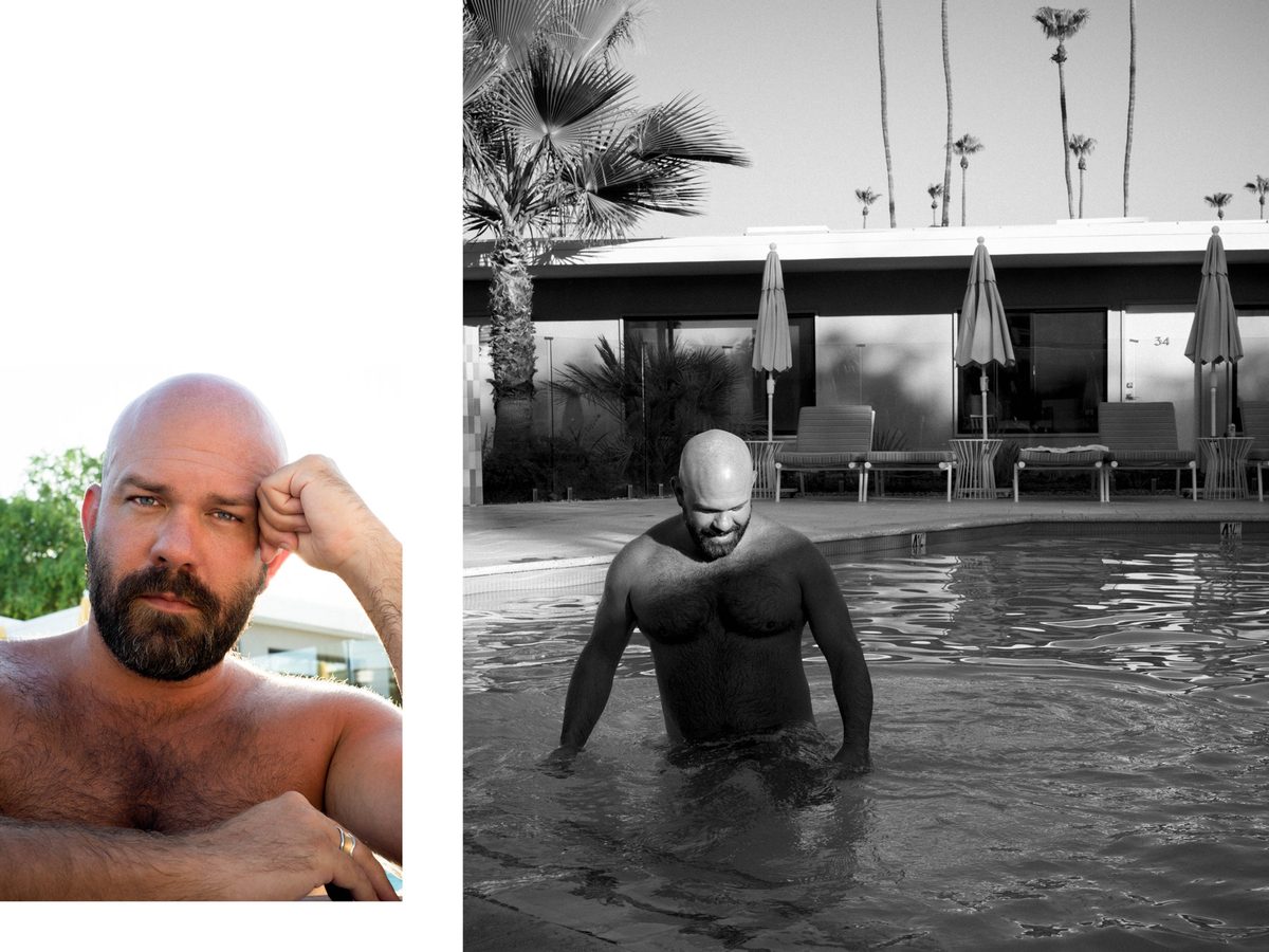 Spread 10 of 11 from Palm Springs, CA: two photographs of a bearded, bald man, a close portrait and wading into a hotel pool among palm trees; black and white and colour.