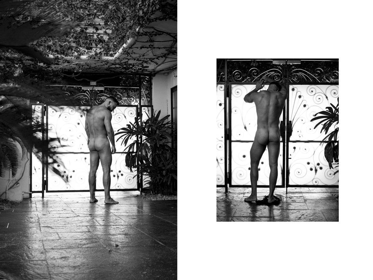 Spread 3 of 7 from Descanso: two photographs of a nude man standing at an ornate gate, seen from behind, among potted plants; black and white.